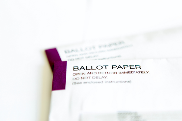 Close up of white paper with BALLOT PAPER in block capitals at the top left hand corner of the page.