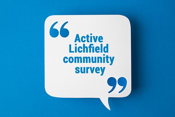 image of a speech bubble with text: active lichfeild community survey on it