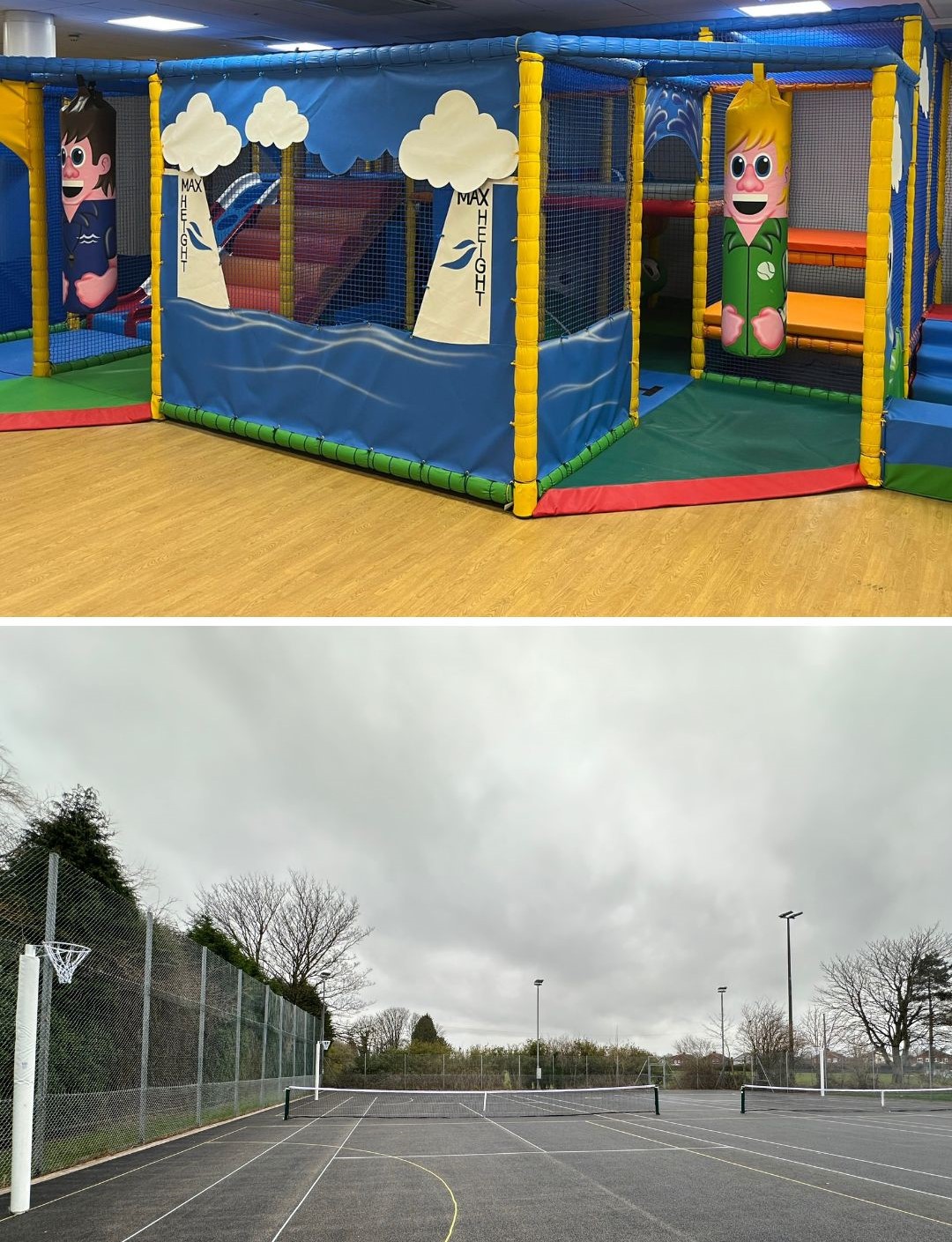 A picture of the refurbished tennis courts and the new soft play at Burntwood Leisure Centre.