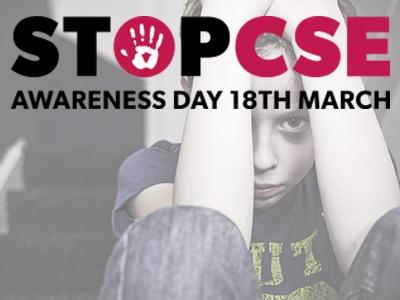 child leaning against door with hands up to face and Stop CSE logo