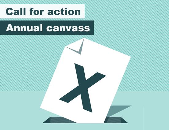 Illustration of vote with an x being put in a box with the line &#039;Call for action&#039; and &#039;Annual canvass&#039;.