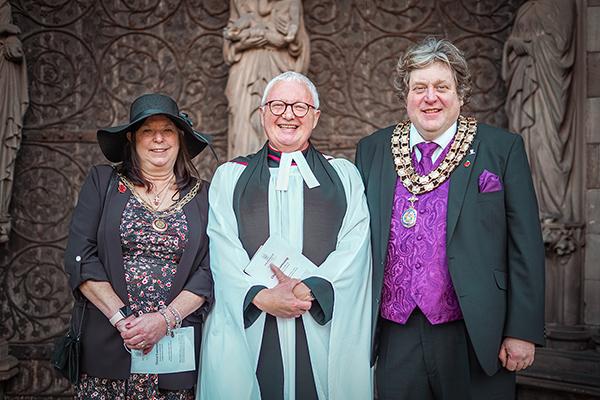 Denise, Rev Dorber, Cllr Barry Gwilt outside cathedral