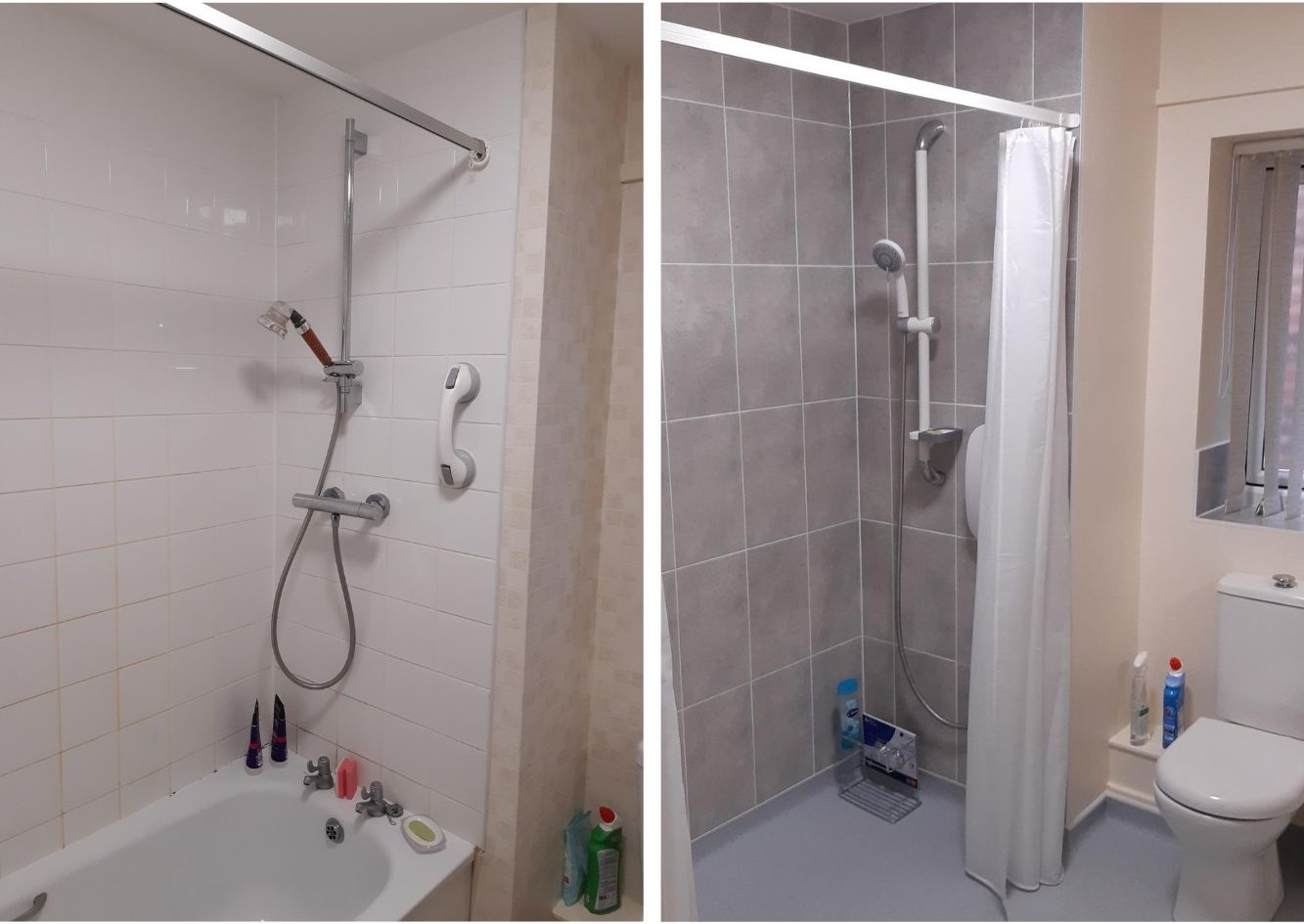 Pictured are before and after photos of a resident’s bathroom with the renovation funded through the Disabled Facilities Grant.