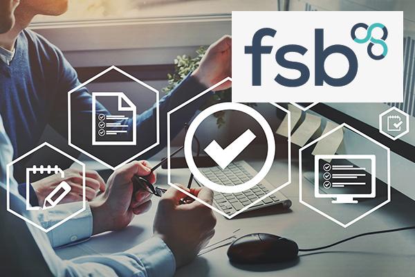 Photo of two people sat in front of a screen with business icons over the top and an FSB logo