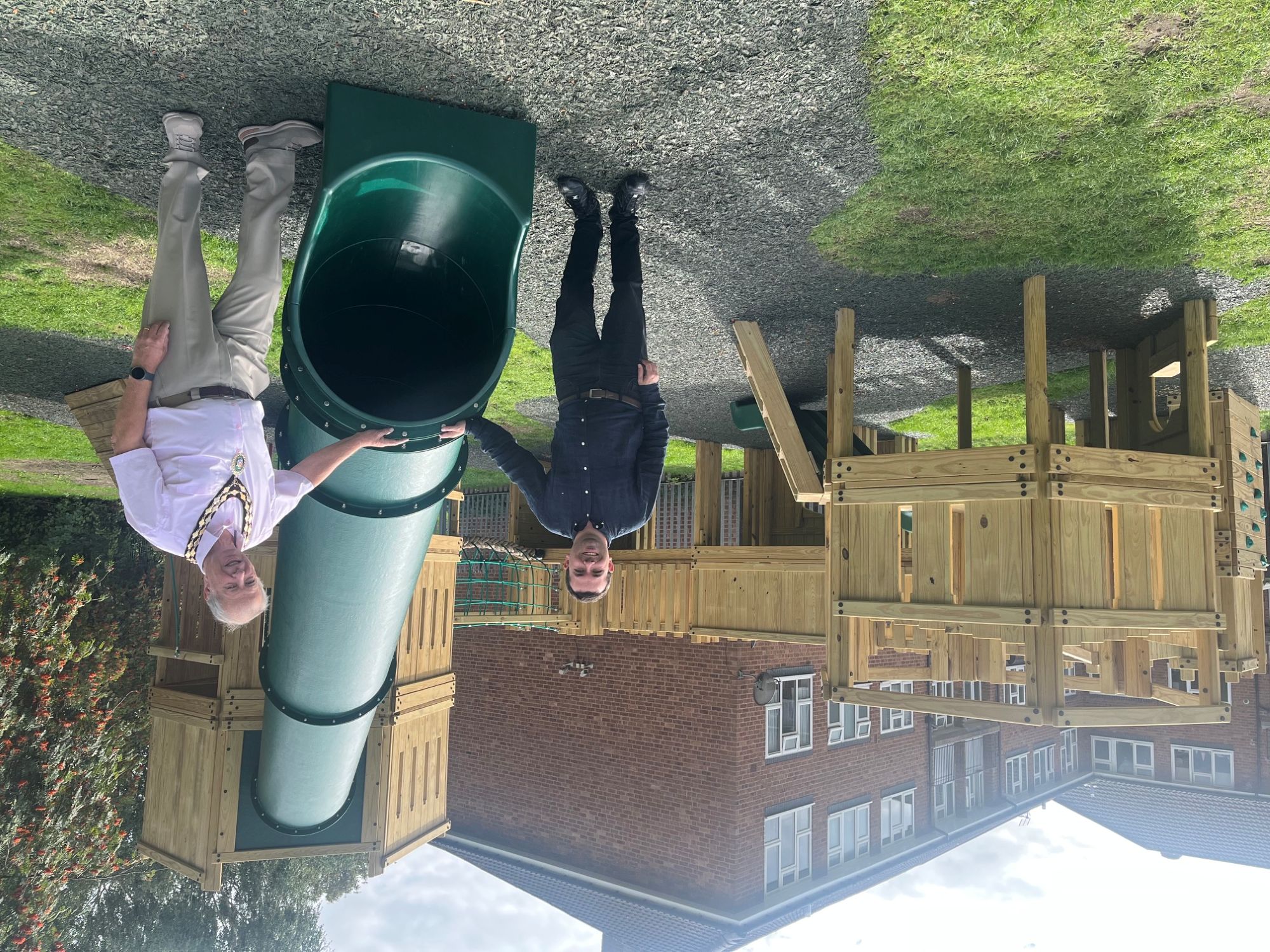 A photo of Councillor Alex Farrell, Cabinet Member for Housing & Local Plan (left) and Councillor John Hill, Mayor of Fazeley at the new play area on the Victory Terrace recreation ground.
