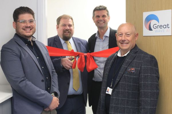 A picture of (from left) Great Wave AI Chief Technology Officer Harrison Kirby, Lichfield MP Dave Robertson, Great Wave AI Chief Executive Officer Jack Perschke and Lichfield District Council Cabinet Member Councillor Phil Whitehouse.