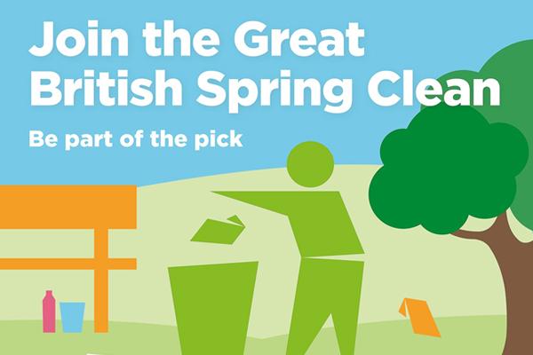artwork that says join the Great British Spring Clean with an illustration of someone putting litter in a bin