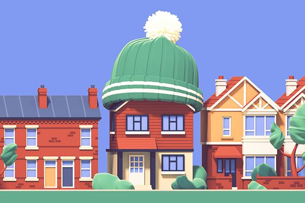 illustration of a street of houses with the middle one wearing a woolly bobble hat