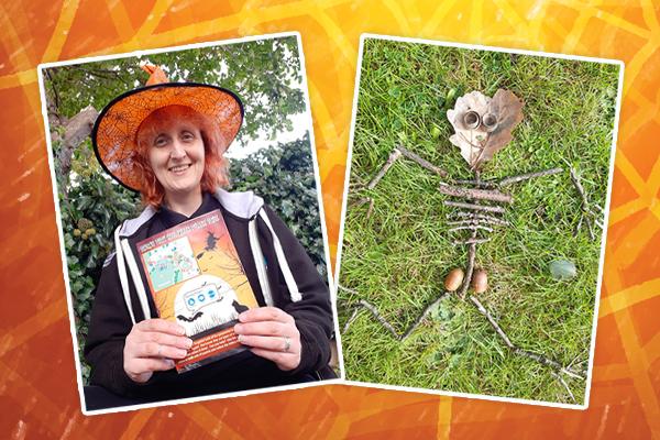 image of woman in witches hat holding trail and a picture of a skeleton made out of twigs