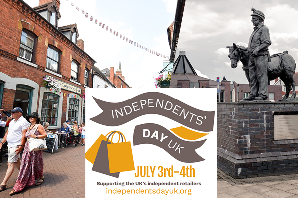 lichfield shopping street and Burntwood miner with Independents' day logo