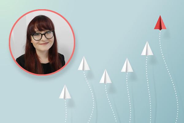 illustration of planes heading up with red plane at the top and photo of Klaudia in a circle