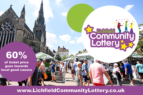 Lichfield market scene with Lichfield Community Lottery logo