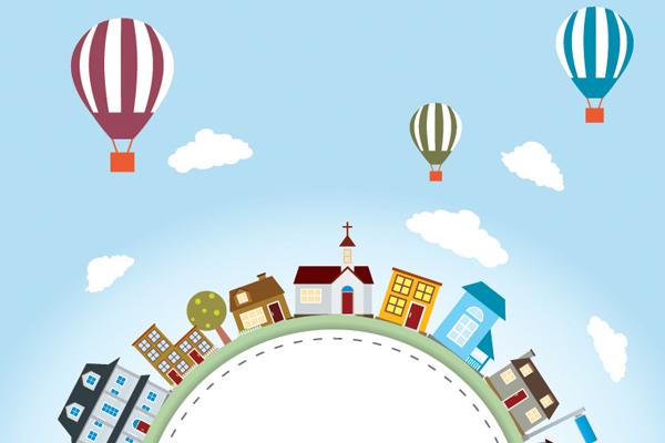 illustration of houses with blue sky, clouds and hot air balloons