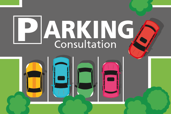 Cartoon image of car park with parking consultation title