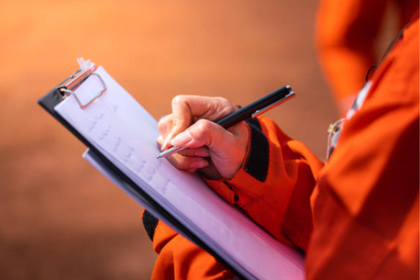 someone in an orange high vis jacket filling out a clipboard