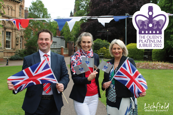 Councillor Iain Eadie, Deputy Leader and Cabinet Member for Economic Growth at Lichfield District Council, Aileen Beesley and Lisa Clemson of Visit Lichfield are looking forward to The Queen&#039;s Platinum Jubilee celebrations.
