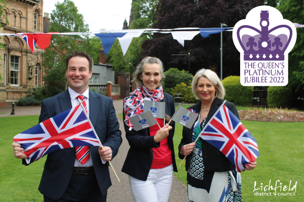 Councillor Iain Eadie, Deputy Leader and Cabinet Member for Economic Growth at Lichfield District Council, Aileen Beesley and Lisa Clemson of Visit Lichfield are looking forward to The Queen's Platinum Jubilee celebrations.