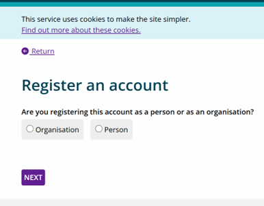 Register an account screen