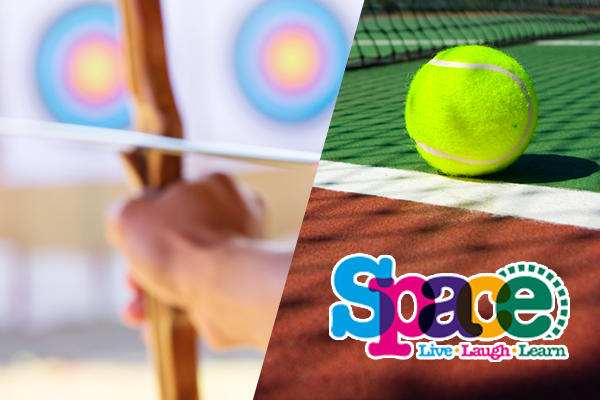 bow and arrow and target and tennis ball on court