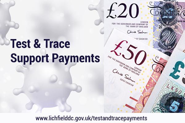 Test and trace support payments wording with image of coronavirus cell and a range of pound notes.