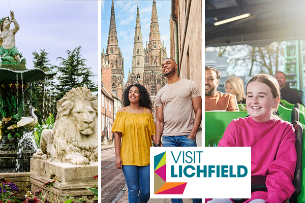 three images: Beacon Park fountain, couple in front of cathedral, girl on theme park ride