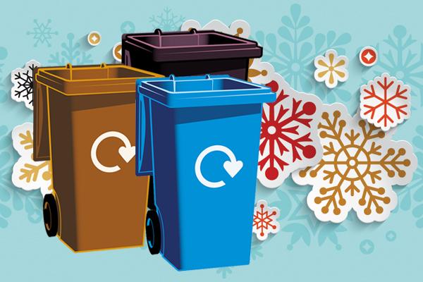 brown, black and blue wheelie bins in a group on a festive background