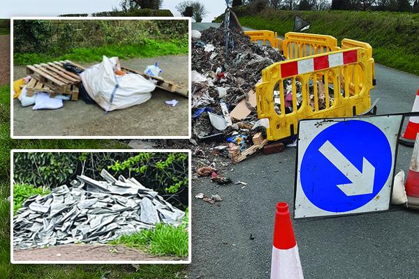 two images of rubble and one of asbestos that has been dumped on country roads and lanes