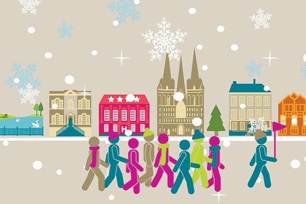 illustration of people walking in a tour with historic buildings in the background