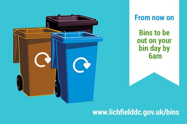 illustration of brown, black and blue wheelie bin with the text from now on bins to be out on your bin day by 6am.