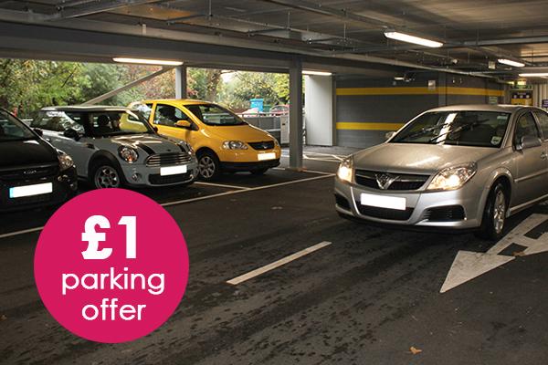 car park with a &pound;1 parking offer text over the top of image