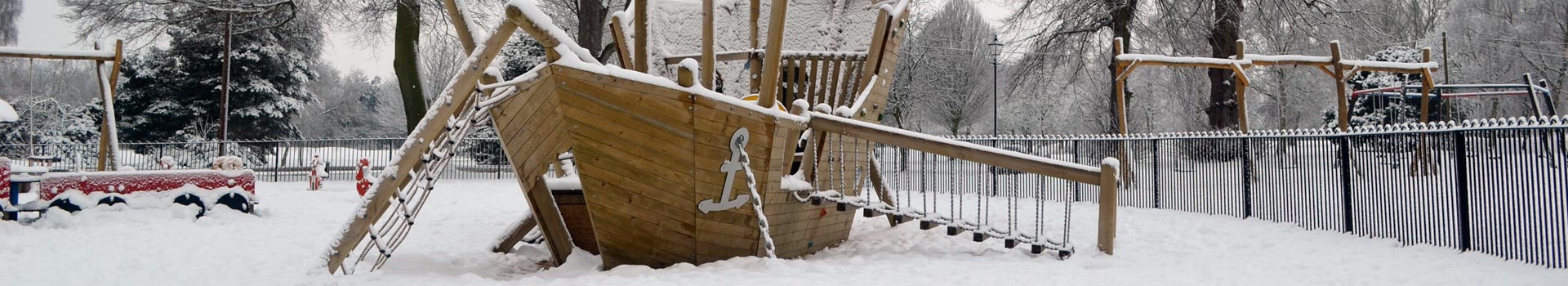 Pirate ship in Beacon Park in snow