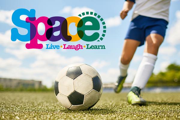 child playing football with a space logo top left