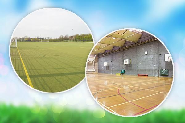 Image of pitch and sports hall against blue background