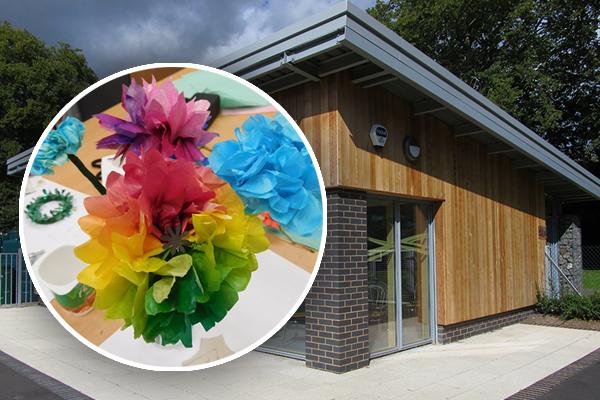 paper flowers on building