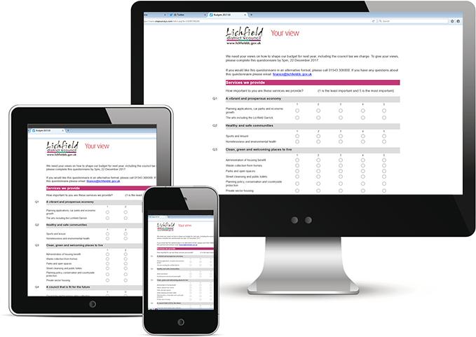 computer, tablet and phone with questionnaire displayed on screens